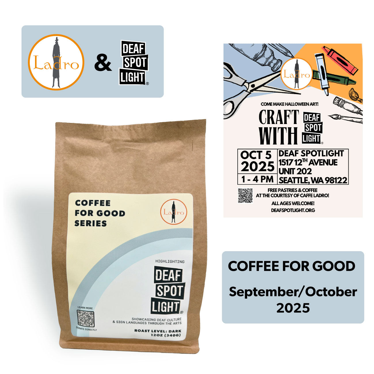 Banner showing Coffee for Good bag and Craft event flier, both featuring Deaf Spotlight